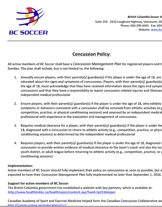 BC Soccer Concussion Policy